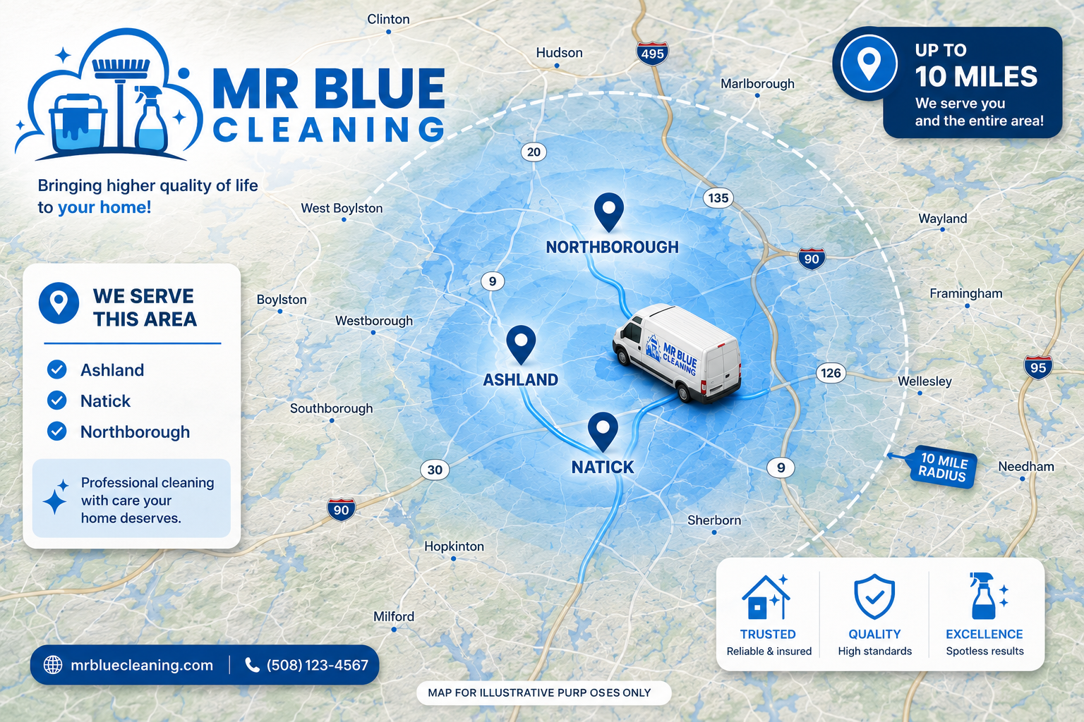 Mr Blue Cleaning service area map covering Ashland, Natick, and Northborough
